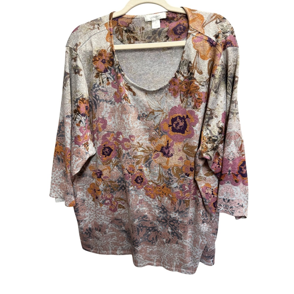 CJ Banks Floral Paisley Knit Top Women's 3X Multicolor 3/4 Sleeve Bohove Scoop